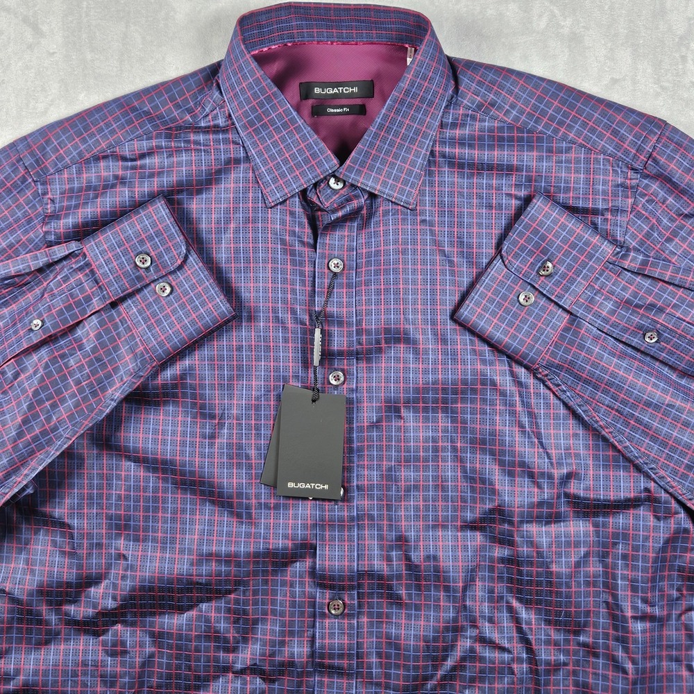 NEW Bugatchi Button Up Shirt Mens Large Navy Pink Grid Plaid Classic Fit